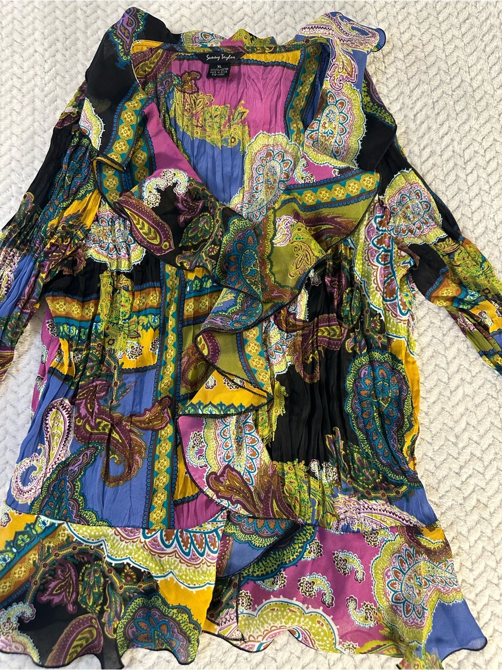 Sunny Taylor Boho Pattern Blouse Women’s Lace & Ruffle Embellishments XL